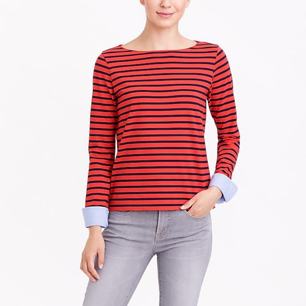 J. Crew Red & Blue Cuffed Boatneck Striped Shirt